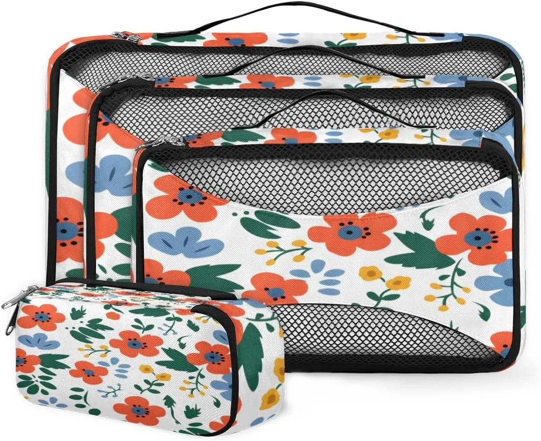 4 Set Packing Cubes for Suitcases, Travel Essentials for Carry on Luggage, Cute Flowers Suitcase Organizers for Clothes Shoes Toiletries Travel Accessories in 4 Sizes - Ethnic Flowers