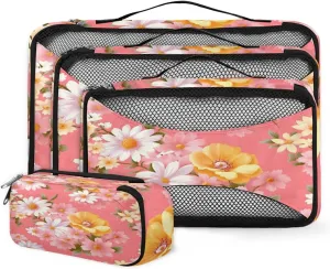 4 Set Packing Cubes for Suitcases, Travel Essentials for Carry on Luggage, Cute Flowers Suitcase Organizers for Clothes Shoes Toiletries Travel Accessories in 4 Sizes - Romantic Flowers
