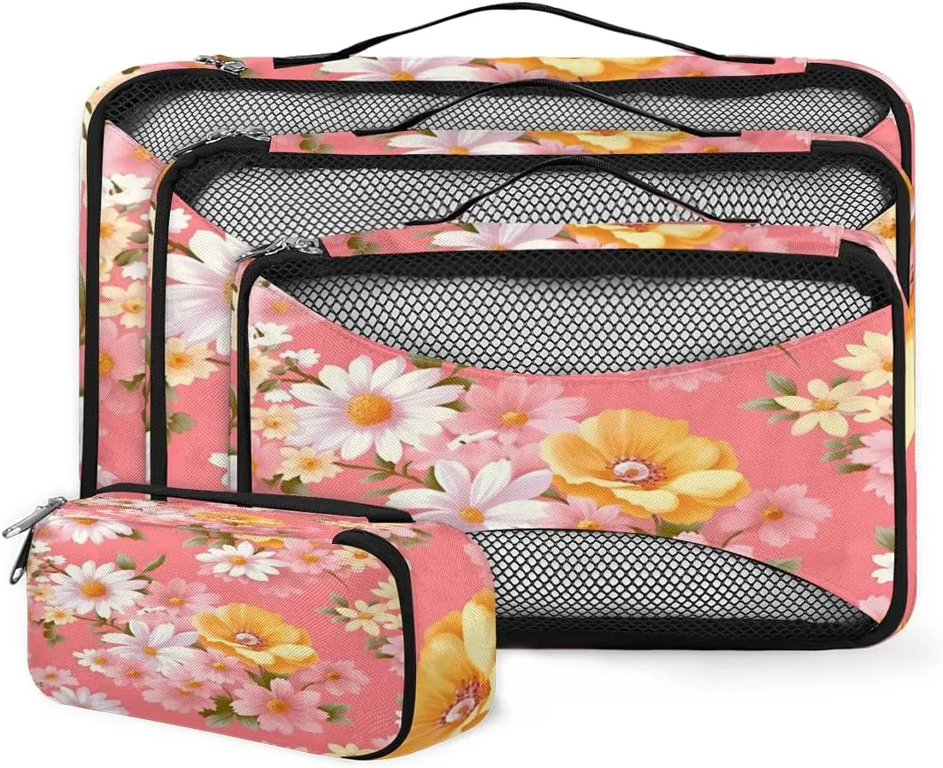 4 Set Packing Cubes for Suitcases, Travel Essentials for Carry on Luggage, Cute Flowers Suitcase Organizers for Clothes Shoes Toiletries Travel Accessories in 4 Sizes - Romantic Flowers