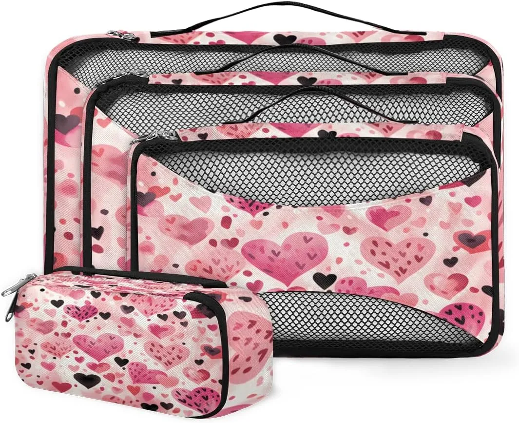 4 Set Packing Cubes for Suitcases, Travel Essentials for Carry on Luggage, Cute Heart Suitcase Organizers for Clothes Shoes Toiletries Travel Accessories in 4 Sizes - Fantastic Heart
