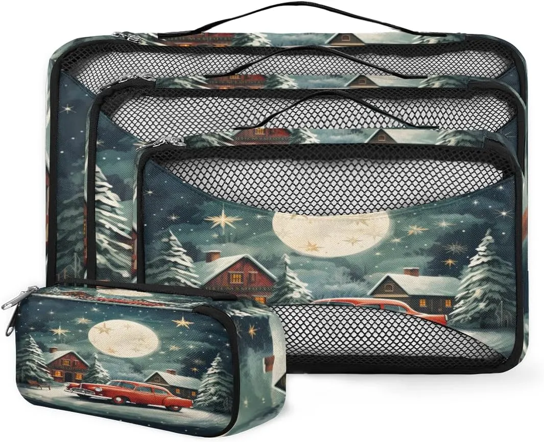 4 Set Packing Cubes for Suitcases, Travel Essentials for Carry on Luggage, Cute Truck Suitcase Organizers for Clothes Shoes Toiletries Travel Accessories in 4 Sizes - Christmas Truck