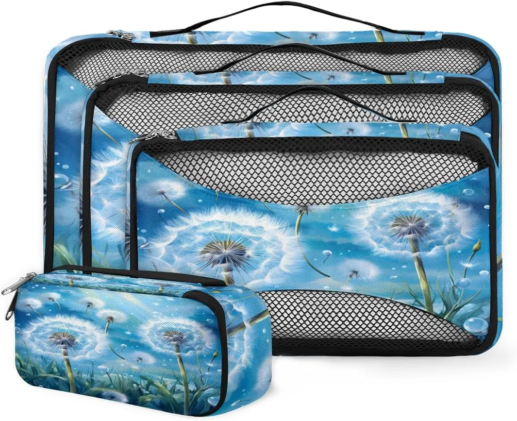 4 Set Packing Cubes for Suitcases, Travel Essentials for Carry on Luggage, Dreamy Dandelion Suitcase Organizers for Clothes Shoes Toiletries Travel Accessories in 4 Sizes - Fantastic Dandelion