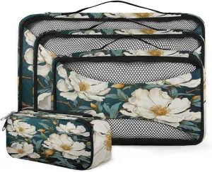 4 Set Packing Cubes for Suitcases, Travel Essentials for Carry on Luggage, Dreamy Flower Suitcase Organizers for Clothes Shoes Toiletries Travel Accessories in 4 Sizes - Retro Flower