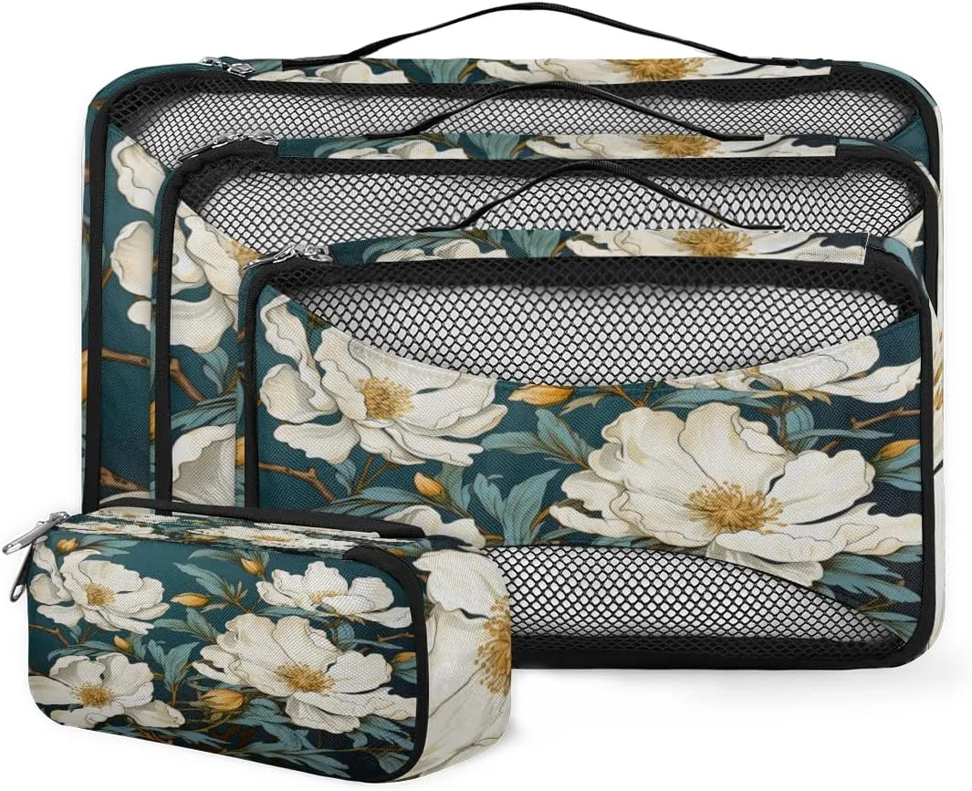 4 Set Packing Cubes for Suitcases, Travel Essentials for Carry on Luggage, Dreamy Flower Suitcase Organizers for Clothes Shoes Toiletries Travel Accessories in 4 Sizes - Retro Flower