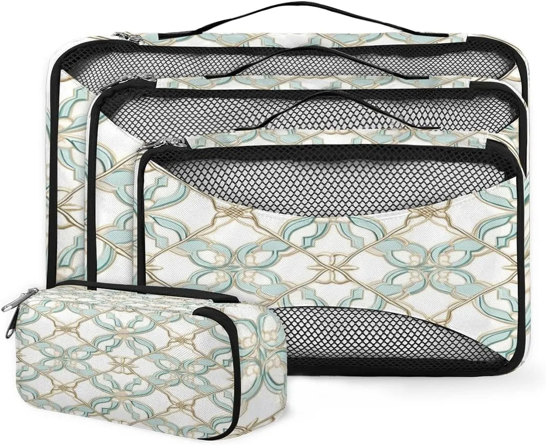 4 Set Packing Cubes for Suitcases, Travel Essentials for Carry on Luggage, Ethnic Aztec Suitcase Organizers for Clothes Shoes Toiletries Travel Accessories in 4 Sizes - Green Mandala