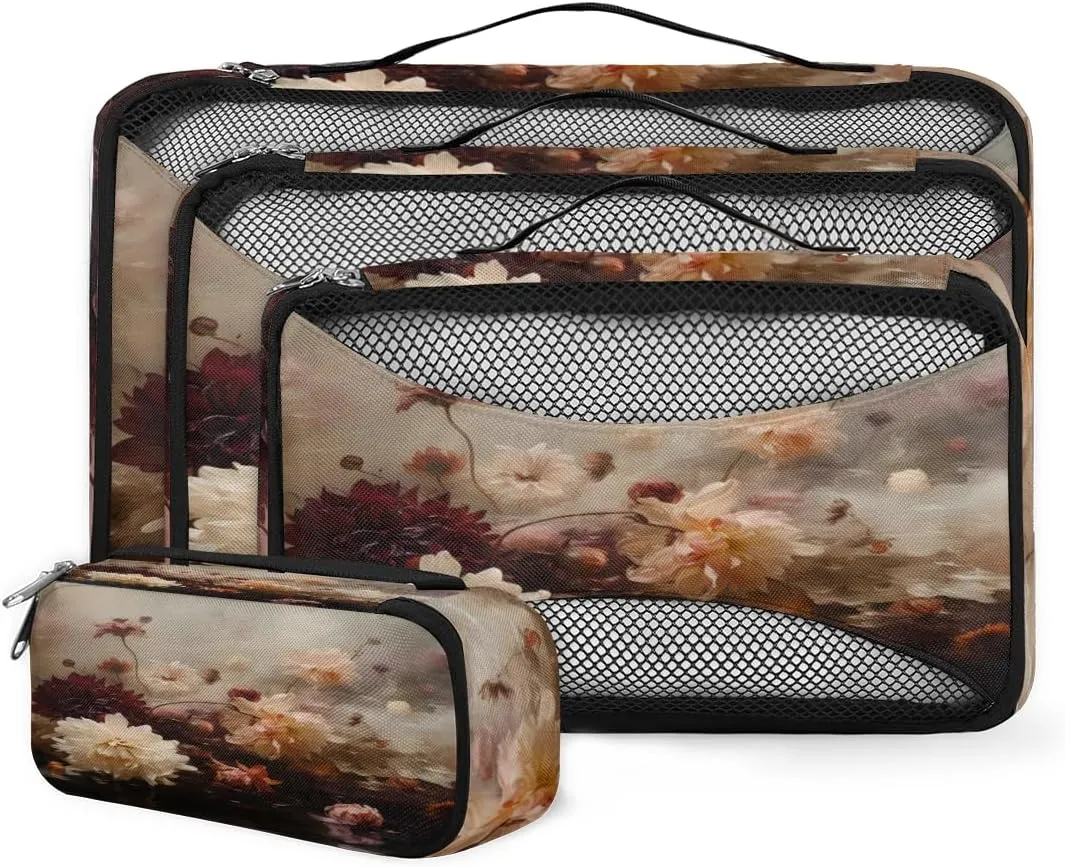 4 Set Packing Cubes for Suitcases, Travel Essentials for Carry on Luggage, Ethnic Flower Suitcase Organizers for Clothes Shoes Toiletries Travel Accessories in 4 Sizes - Beautiful Flower