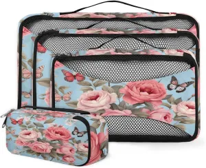 4 Set Packing Cubes for Suitcases, Travel Essentials for Carry on Luggage, Ethnic Flower Suitcase Organizers for Clothes Shoes Toiletries Travel Accessories in 4 Sizes - Lively Flower