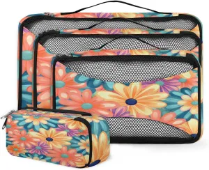 4 Set Packing Cubes for Suitcases, Travel Essentials for Carry on Luggage, Ethnic Flowers Suitcase Organizers for Clothes Shoes Toiletries Travel Accessories in 4 Sizes - Romantic Flowers