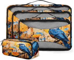 4 Set Packing Cubes for Suitcases, Travel Essentials for Carry on Luggage, Fantastic Bird Suitcase Organizers for Clothes Shoes Toiletries Travel Accessories in 4 Sizes - Cartoon Bird