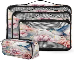 4 Set Packing Cubes for Suitcases, Travel Essentials for Carry on Luggage, Fantastic Bird Suitcase Organizers for Clothes Shoes Toiletries Travel Accessories in 4 Sizes - Flower Bird