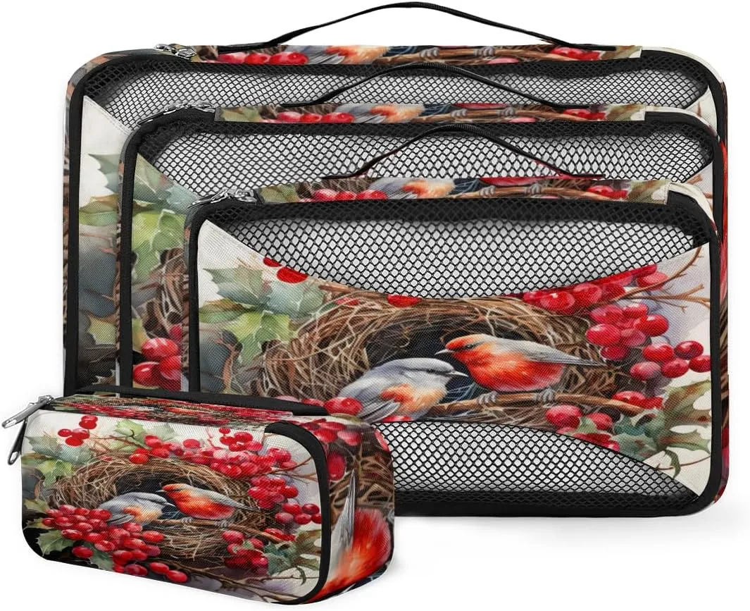 4 Set Packing Cubes for Suitcases, Travel Essentials for Carry on Luggage, Fantastic Bird Suitcase Organizers for Clothes Shoes Toiletries Travel Accessories in 4 Sizes - Holly Fruit
