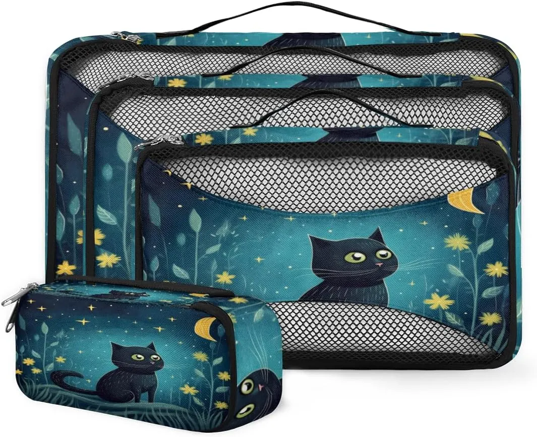 4 Set Packing Cubes for Suitcases, Travel Essentials for Carry on Luggage, Fantastic Cat Suitcase Organizers for Clothes Shoes Toiletries Travel Accessories in 4 Sizes - Graffiti Cat