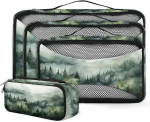 4 Set Packing Cubes for Suitcases, Travel Essentials for Carry on Luggage, Fantastic Forest Suitcase Organizers for Clothes Shoes Toiletries Travel Accessories in 4 Sizes - Watercolor Forest
