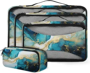 4 Set Packing Cubes for Suitcases, Travel Essentials for Carry on Luggage, Fantastic Marble Suitcase Organizers for Clothes Shoes Toiletries Travel Accessories in 4 Sizes - Indigo Blue Marble