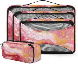 4 Set Packing Cubes for Suitcases, Travel Essentials for Carry on Luggage, Fantastic Marble Suitcase Organizers for Clothes Shoes Toiletries Travel Accessories in 4 Sizes - Pink Gold Marble