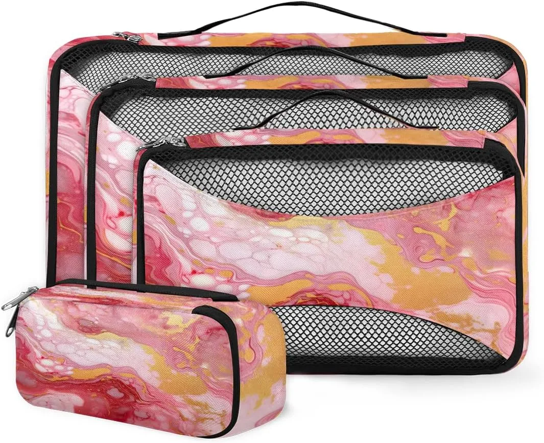 4 Set Packing Cubes for Suitcases, Travel Essentials for Carry on Luggage, Fantastic Marble Suitcase Organizers for Clothes Shoes Toiletries Travel Accessories in 4 Sizes - Pink Gold Marble