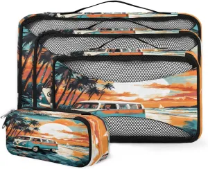 4 Set Packing Cubes for Suitcases, Travel Essentials for Carry on Luggage, Fantastic Truck Suitcase Organizers for Clothes Shoes Toiletries Travel Accessories in 4 Sizes - Coastal Beach Truck