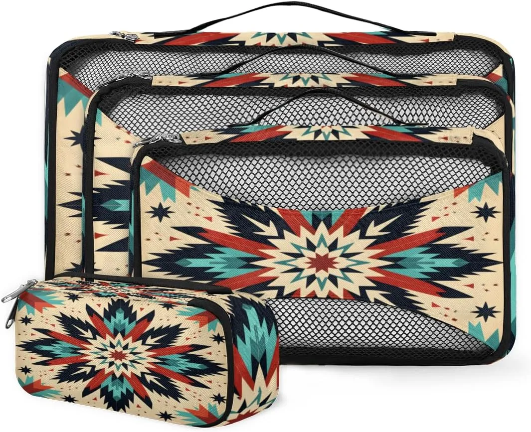 4 Set Packing Cubes for Suitcases, Travel Essentials for Carry on Luggage, Geometry Flower Suitcase Organizers for Clothes Shoes Toiletries Travel Accessories in 4 Sizes - Traditional Aztec