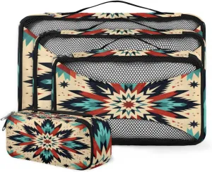 4 Set Packing Cubes for Suitcases, Travel Essentials for Carry on Luggage, Geometry Flower Suitcase Organizers for Clothes Shoes Toiletries Travel Accessories in 4 Sizes - Traditional Aztec