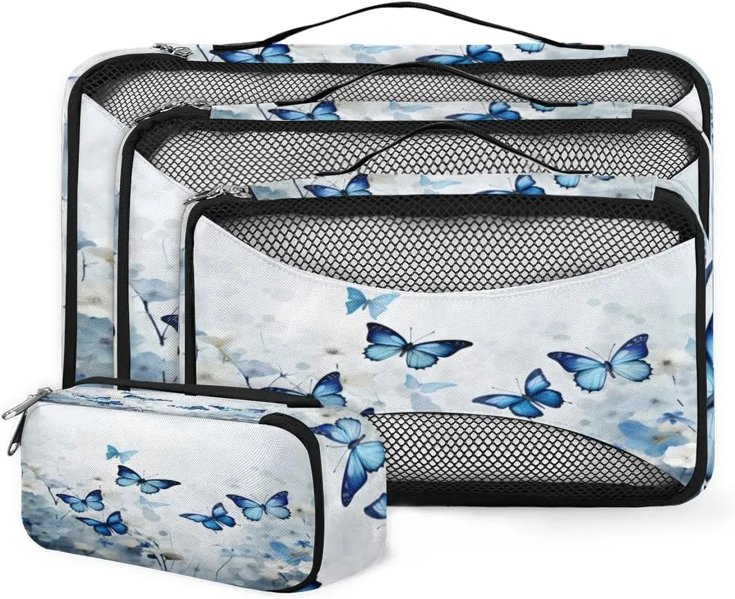 4 Set Packing Cubes for Suitcases, Travel Essentials for Carry on Luggage, Glitter Butterfly Suitcase Organizers for Clothes Shoes Toiletries Travel Accessories in 4 Sizes - Flowers Butterfly