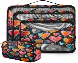 4 Set Packing Cubes for Suitcases, Travel Essentials for Carry on Luggage, Glowing Heart Suitcase Organizers for Clothes Shoes Toiletries Travel Accessories in 4 Sizes - Watercolor Heart