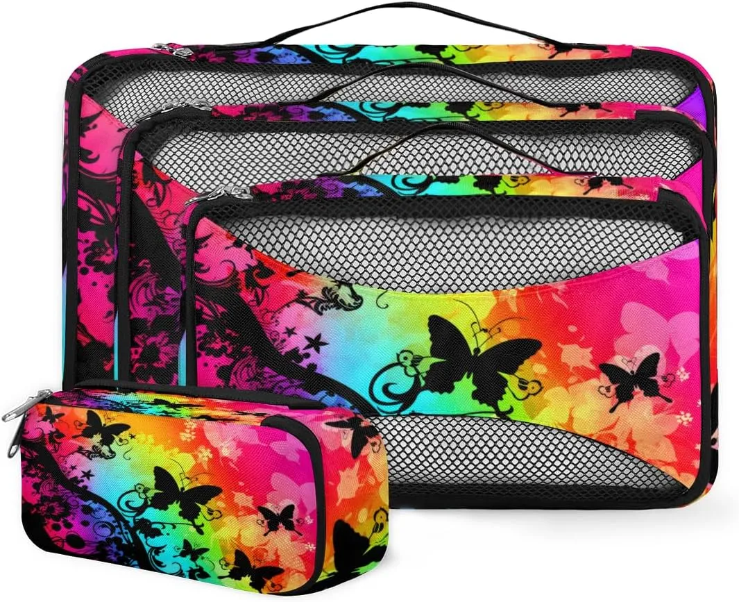 4 Set Packing Cubes for Suitcases, Travel Essentials for Carry on Luggage, Graffiti Butterfly Suitcase Organizers for Clothes Shoes Toiletries Travel Accessories in 4 Sizes - Dreamy Butterfly