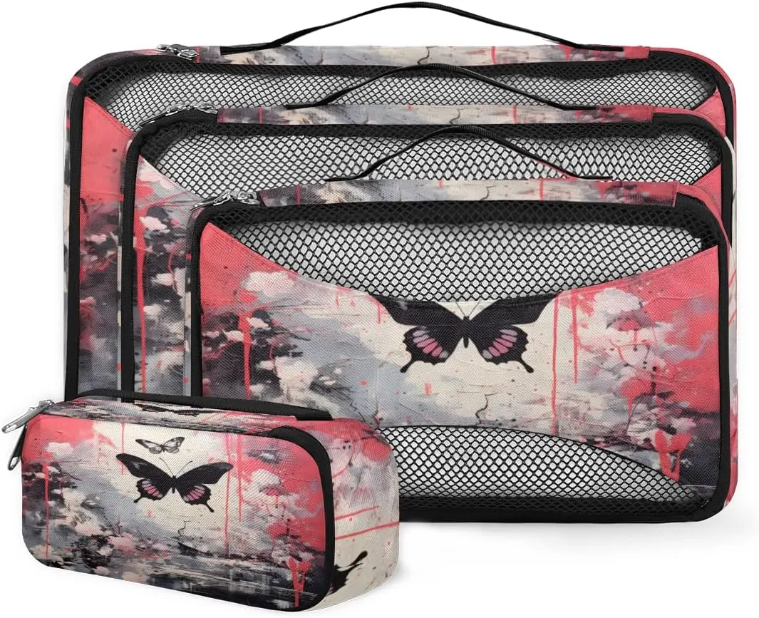 4 Set Packing Cubes for Suitcases, Travel Essentials for Carry on Luggage, Graffiti Butterfly Suitcase Organizers for Clothes Shoes Toiletries Travel Accessories in 4 Sizes - Flowers Butterfly