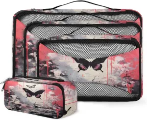 4 Set Packing Cubes for Suitcases, Travel Essentials for Carry on Luggage, Graffiti Butterfly Suitcase Organizers for Clothes Shoes Toiletries Travel Accessories in 4 Sizes - Flowers Butterfly