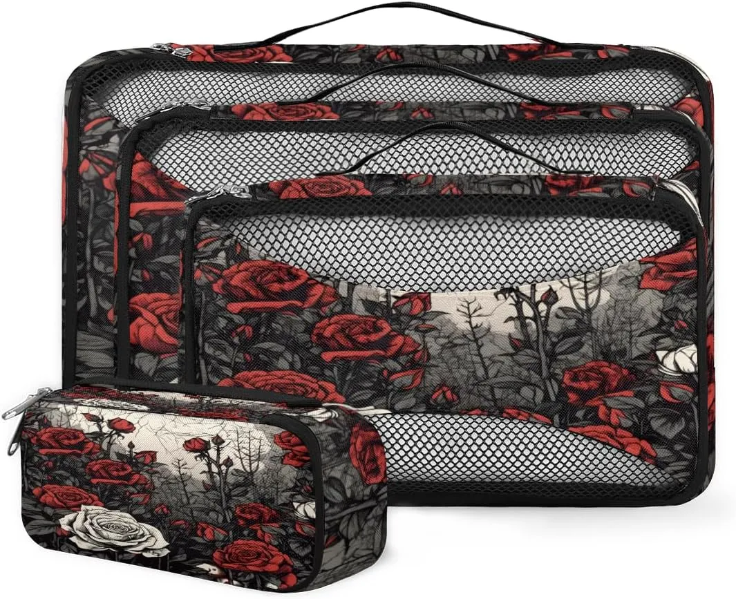 4 Set Packing Cubes for Suitcases, Travel Essentials for Carry on Luggage, Graffiti Flower Suitcase Organizers for Clothes Shoes Toiletries Travel Accessories in 4 Sizes - Rose Flower