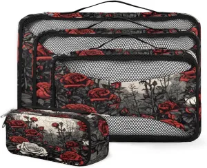 4 Set Packing Cubes for Suitcases, Travel Essentials for Carry on Luggage, Graffiti Flower Suitcase Organizers for Clothes Shoes Toiletries Travel Accessories in 4 Sizes - Rose Flower