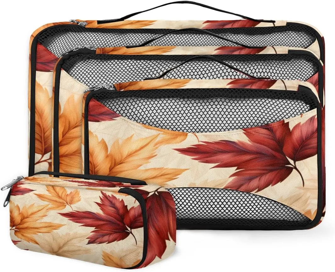 4 Set Packing Cubes for Suitcases, Travel Essentials for Carry on Luggage, Graffiti Leaves Suitcase Organizers for Clothes Shoes Toiletries Travel Accessories in 4 Sizes - Autumn Maple Leaves