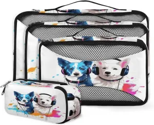 4 Set Packing Cubes for Suitcases, Travel Essentials for Carry on Luggage, Headphone Puppy Suitcase Organizers for Clothes Shoes Toiletries Travel Accessories in 4 Sizes - Watercolor Dog