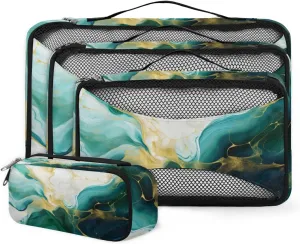 4 Set Packing Cubes for Suitcases, Travel Essentials for Carry on Luggage, Indigo Blue Marble Suitcase Organizers for Clothes Shoes Toiletries Travel Accessories in 4 Sizes - Watercolor Marble