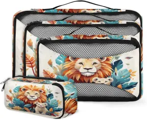 4 Set Packing Cubes for Suitcases, Travel Essentials for Carry on Luggage, Jungle Lion Suitcase Organizers for Clothes Shoes Toiletries Travel Accessories in 4 Sizes - Watercolor Lion