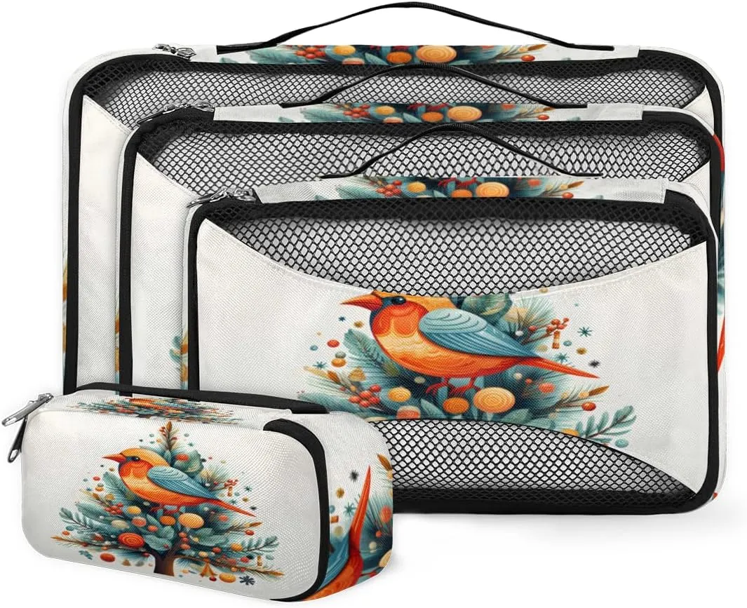 4 Set Packing Cubes for Suitcases, Travel Essentials for Carry on Luggage, Lovely Bird Suitcase Organizers for Clothes Shoes Toiletries Travel Accessories in 4 Sizes - Cartoon Bird
