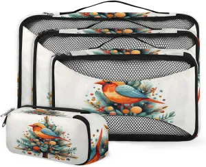 4 Set Packing Cubes for Suitcases, Travel Essentials for Carry on Luggage, Lovely Bird Suitcase Organizers for Clothes Shoes Toiletries Travel Accessories in 4 Sizes - Cartoon Bird