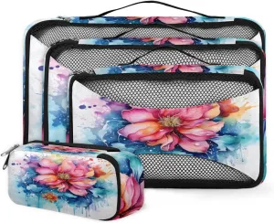 4 Set Packing Cubes for Suitcases, Travel Essentials for Carry on Luggage, Magical Flower Suitcase Organizers for Clothes Shoes Toiletries Travel Accessories in 4 Sizes - Artistic Flower