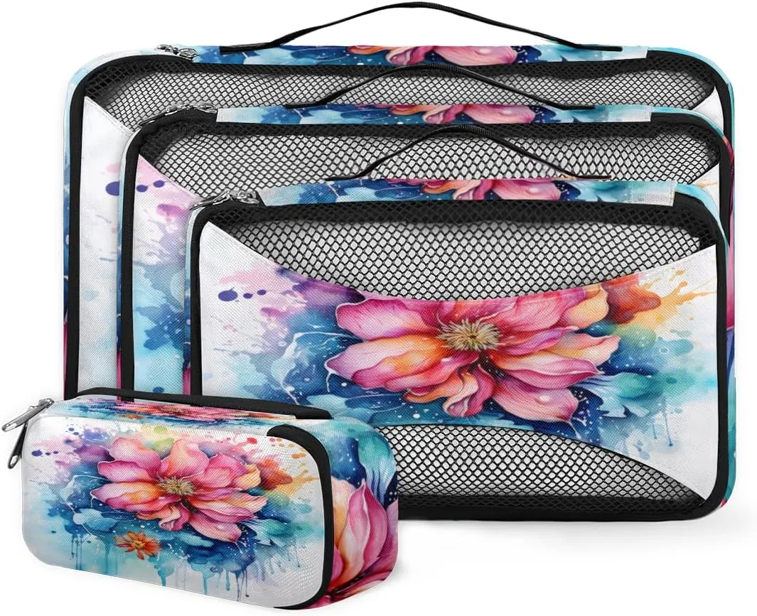 4 Set Packing Cubes for Suitcases, Travel Essentials for Carry on Luggage, Magical Flower Suitcase Organizers for Clothes Shoes Toiletries Travel Accessories in 4 Sizes - Artistic Flower