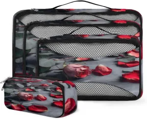 4 Set Packing Cubes for Suitcases, Travel Essentials for Carry on Luggage, Magical Flower Suitcase Organizers for Clothes Shoes Toiletries Travel Accessories in 4 Sizes - Rose Flower
