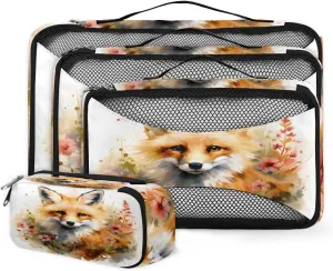 4 Set Packing Cubes for Suitcases, Travel Essentials for Carry on Luggage, Magical Fox Suitcase Organizers for Clothes Shoes Toiletries Travel Accessories in 4 Sizes - Watercolor Fox