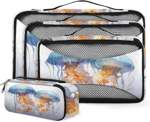 4 Set Packing Cubes for Suitcases, Travel Essentials for Carry on Luggage, Magical Jellyfish Suitcase Organizers for Clothes Shoes Toiletries Travel Accessories in 4 Sizes - Colorful Jellyfish