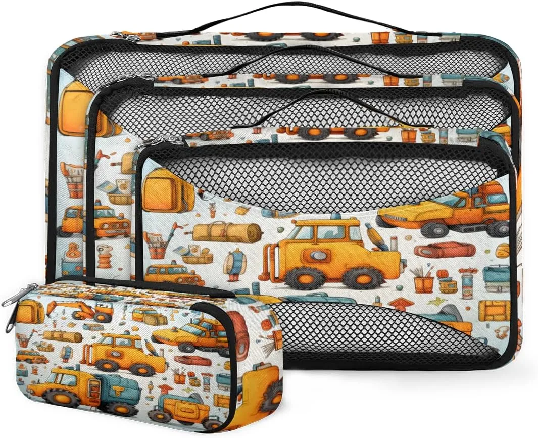 4 Set Packing Cubes for Suitcases, Travel Essentials for Carry on Luggage, Magical Truck Suitcase Organizers for Clothes Shoes Toiletries Travel Accessories in 4 Sizes - Cartoon Truck