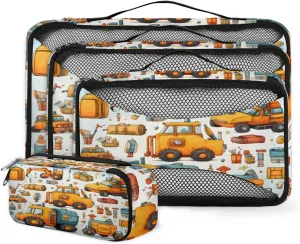 4 Set Packing Cubes for Suitcases, Travel Essentials for Carry on Luggage, Magical Truck Suitcase Organizers for Clothes Shoes Toiletries Travel Accessories in 4 Sizes - Cartoon Truck