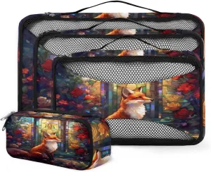 4 Set Packing Cubes for Suitcases, Travel Essentials for Carry on Luggage, Mandala Fox Suitcase Organizers for Clothes Shoes Toiletries Travel Accessories in 4 Sizes - Cute Fox