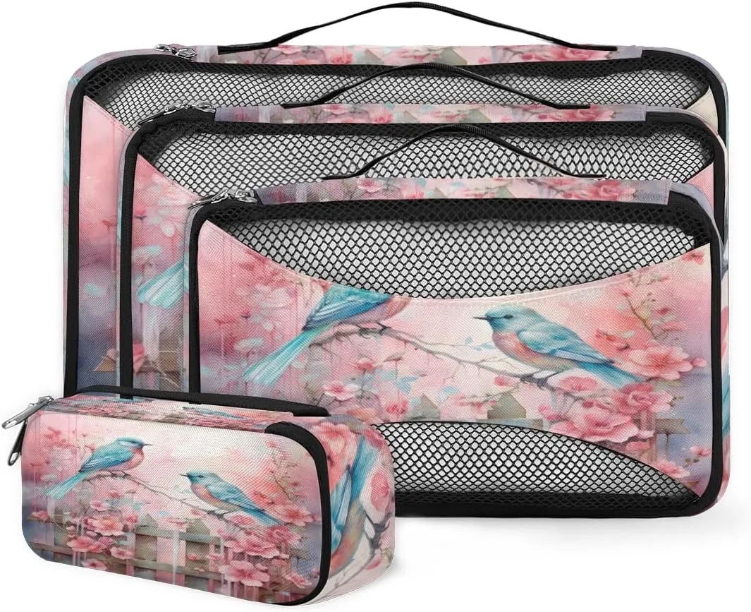 4 Set Packing Cubes for Suitcases, Travel Essentials for Carry on Luggage, Modern Bird Suitcase Organizers for Clothes Shoes Toiletries Travel Accessories in 4 Sizes - Romantic Bird