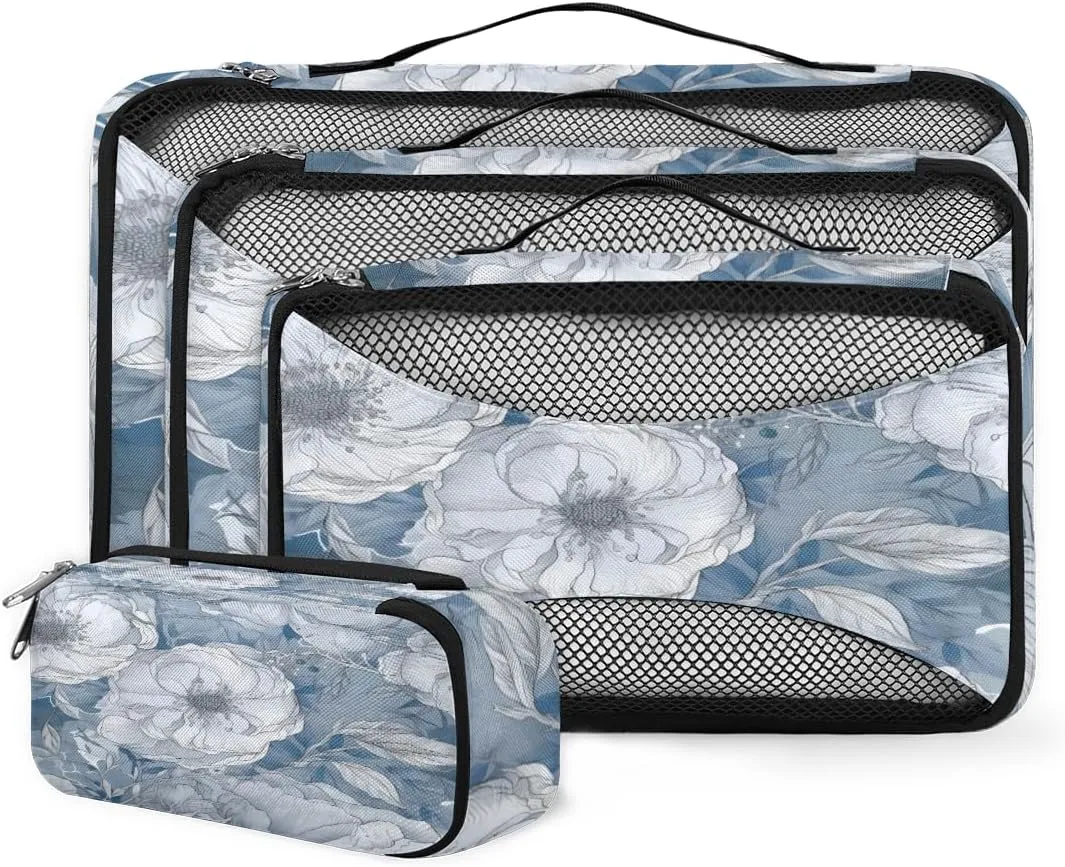 4 Set Packing Cubes for Suitcases, Travel Essentials for Carry on Luggage, Modern Flowers Suitcase Organizers for Clothes Shoes Toiletries Travel Accessories in 4 Sizes - Abstract Flowers