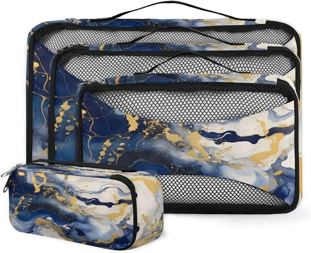 4 Set Packing Cubes for Suitcases, Travel Essentials for Carry on Luggage, Modern Marble Suitcase Organizers for Clothes Shoes Toiletries Travel Accessories in 4 Sizes - Blue Gold Marble