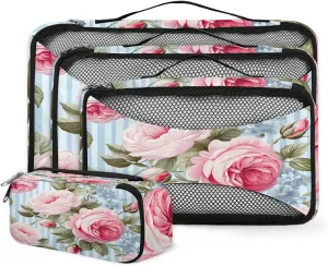 4 Set Packing Cubes for Suitcases, Travel Essentials for Carry on Luggage, Modern Rose Suitcase Organizers for Clothes Shoes Toiletries Travel Accessories in 4 Sizes - Retro Rose