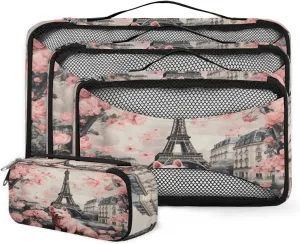 4 Set Packing Cubes for Suitcases, Travel Essentials for Carry on Luggage, Paris Towel Suitcase Organizers for Clothes Shoes Toiletries Travel Accessories in 4 Sizes - Rose Puppy