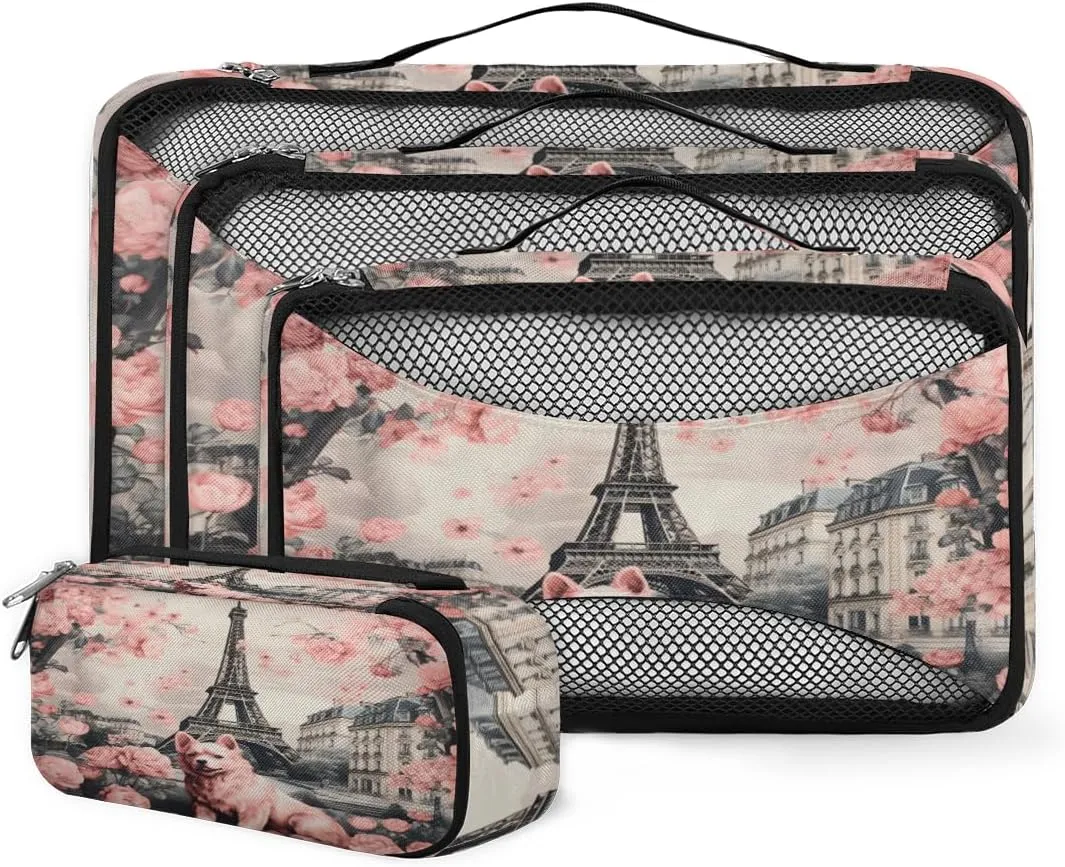 4 Set Packing Cubes for Suitcases, Travel Essentials for Carry on Luggage, Paris Towel Suitcase Organizers for Clothes Shoes Toiletries Travel Accessories in 4 Sizes - Rose Puppy
